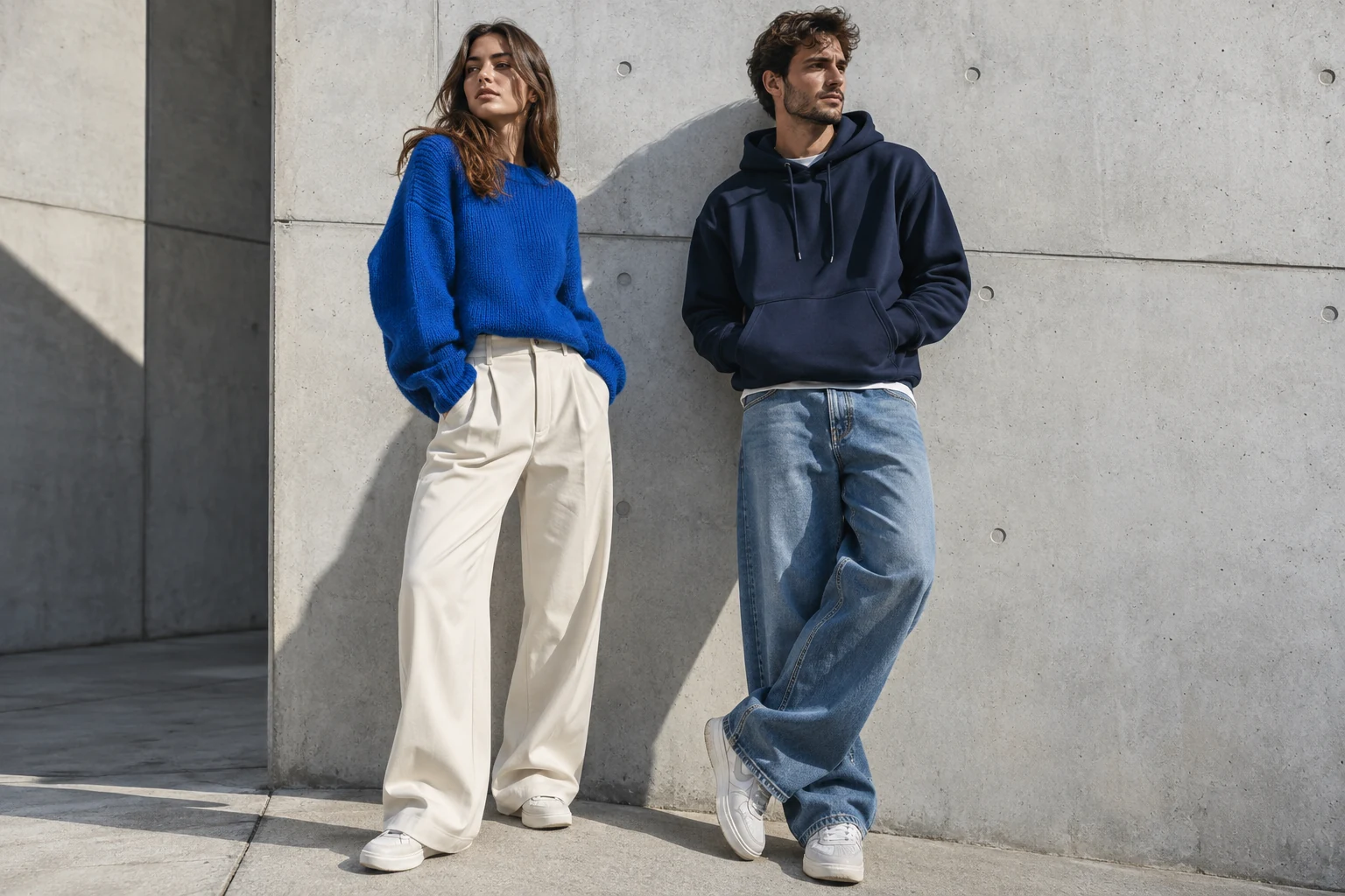 Two models in blue casual layers and relaxed pants beside a sunlit concrete wall